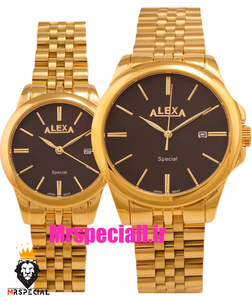 ساعت الکسا ست مردانه و زنانه بند استیل طلایی صفحه مشکی 020936 ALEXA SPECIAL