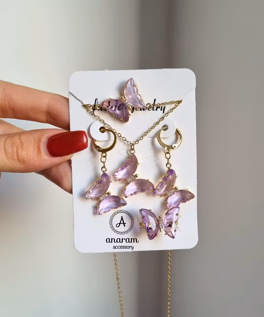 نیم ست پروانه 5تیکه کریستالی رنگ یاسی (بنفش کم رنگ)