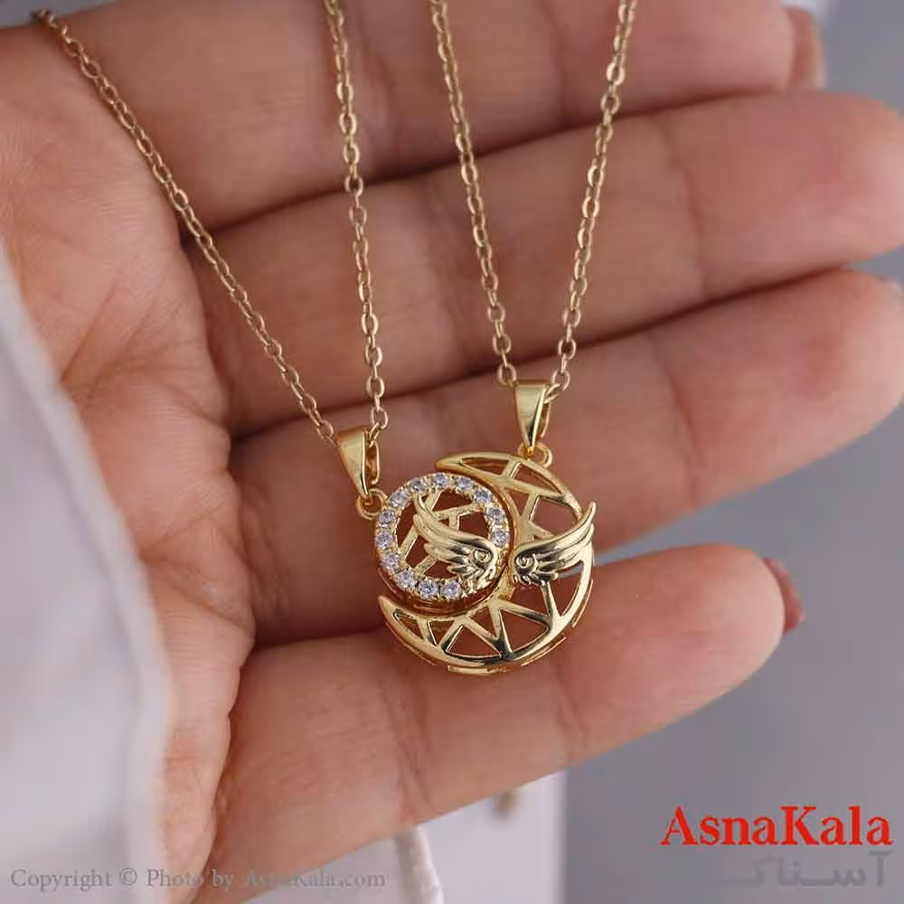 گردنبند ست دو نفره استیل 316 مدل ماه و خورشید طرح فرشته طلایی کد GNB16805W