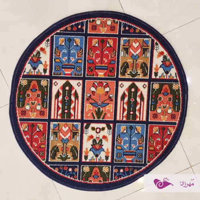 گلیم ماشینی یک در یک گرد طرح خشتی سرمه ای