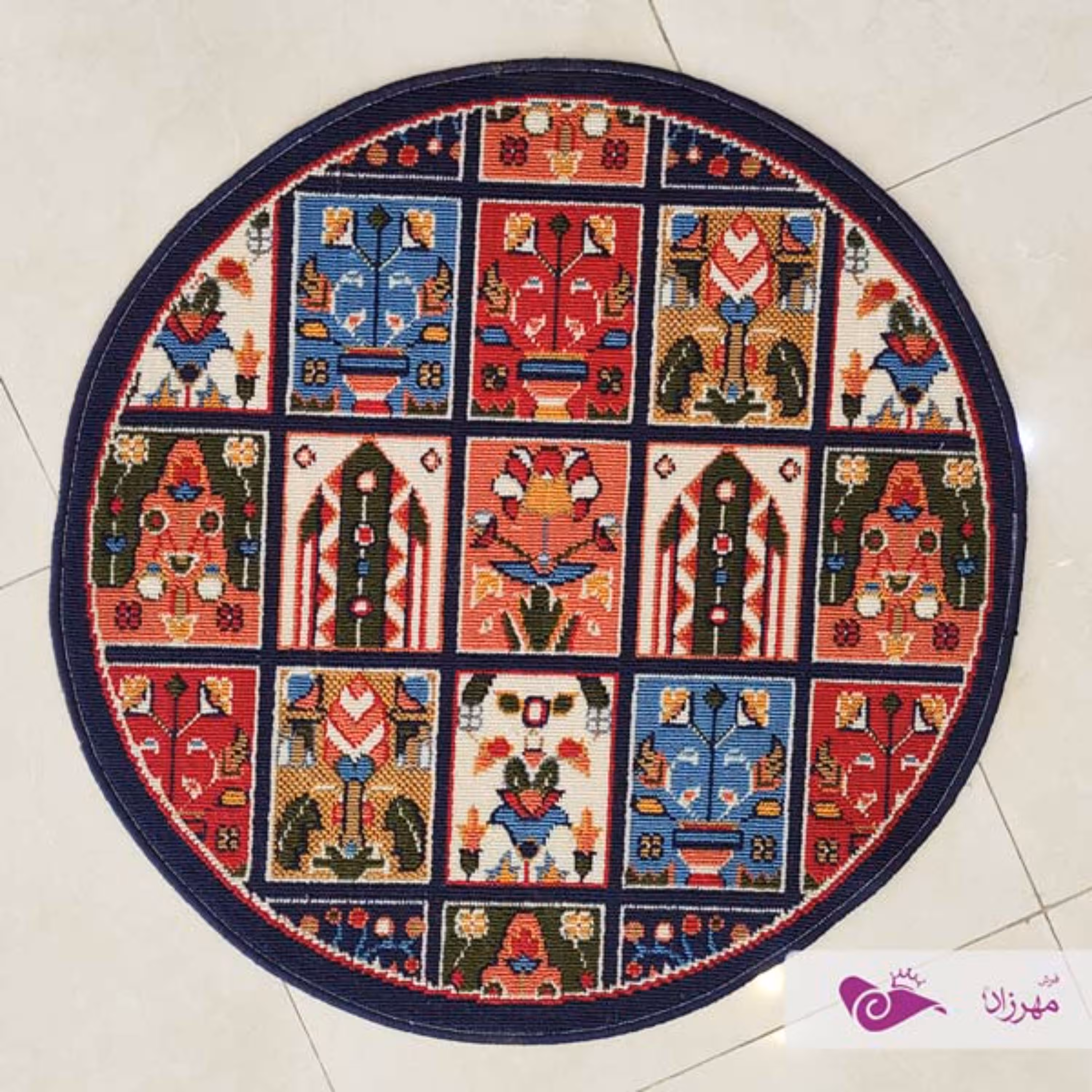 گلیم ماشینی یک در یک گرد طرح خشتی سرمه ای