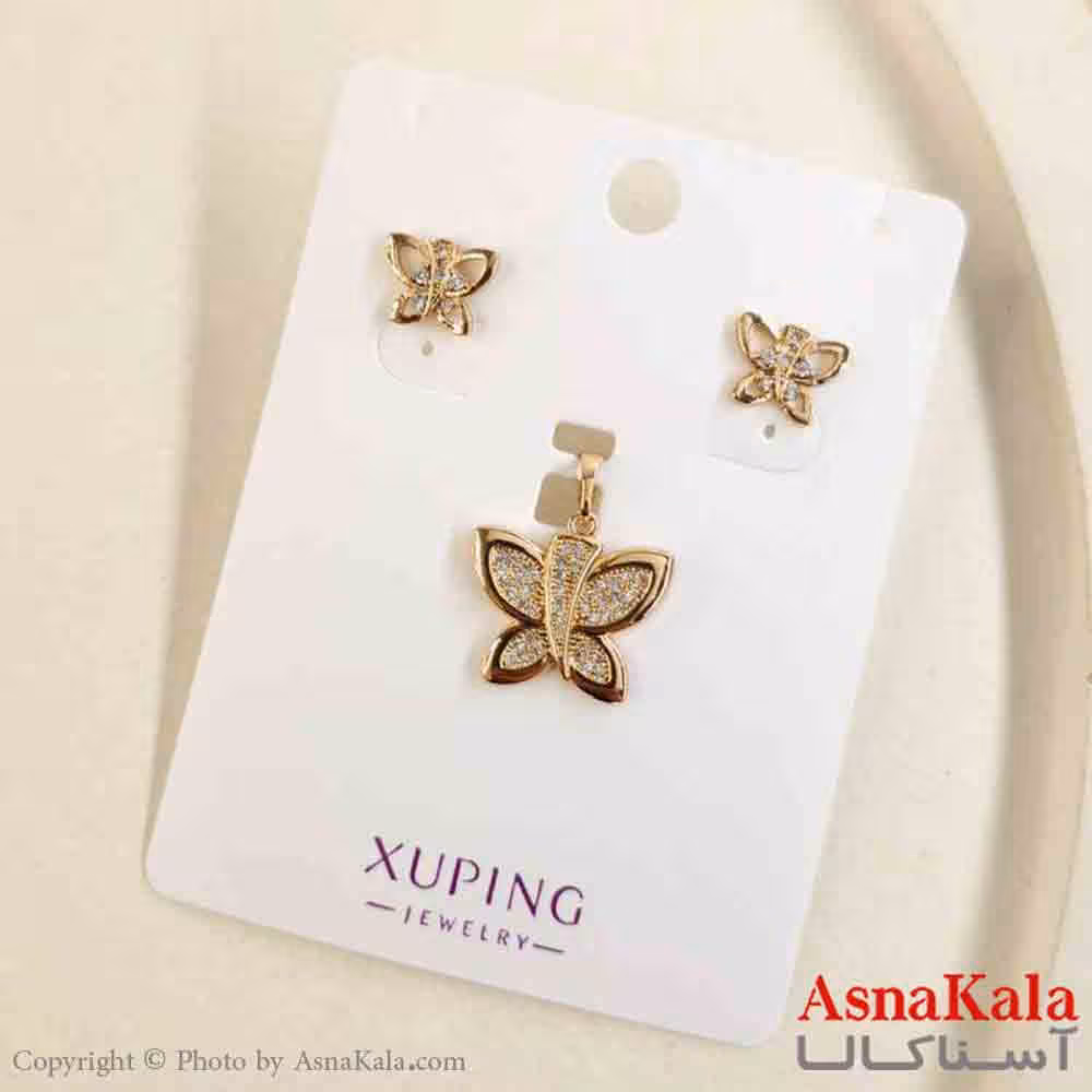 نیم ست زنانه ژوپینگ مدل پروانه طلایی شامل گوشواره و گردنبند کد NIM14831W