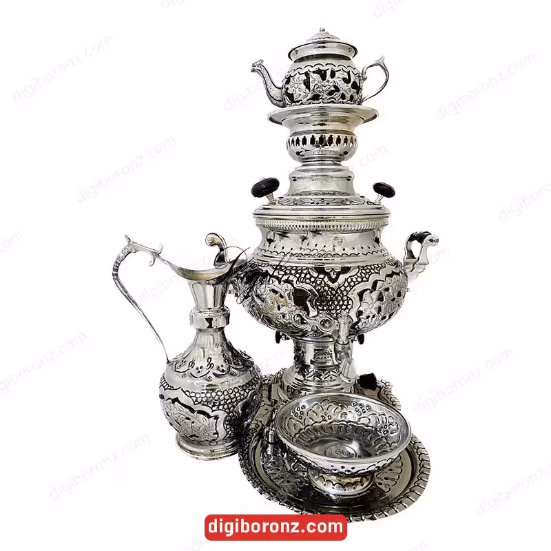 سرویس سماور ذغالی 5 پارچه برنجی مدل گل و بلبل 7 ليتر