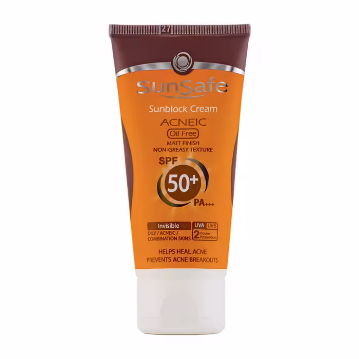 کرم ضد آفتاب بی رنگ SPF50 برند سان سیف مناسب پوست چرب و آکنه‌دار