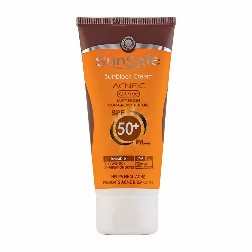 کرم ضد آفتاب بی رنگ SPF50 برند سان سیف مناسب پوست چرب و آکنه‌دار
