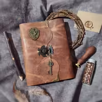 کلاسور چفتی با چرم گاوی افکتی کریزی رنگ فندقی، 21 در 16 سانت ، به همراه جیب و جای کارت و صد برگ کاغذ خطدار نخودی رنگ ، دو ورقه چرمی برای زیر و روی کاغذ ها