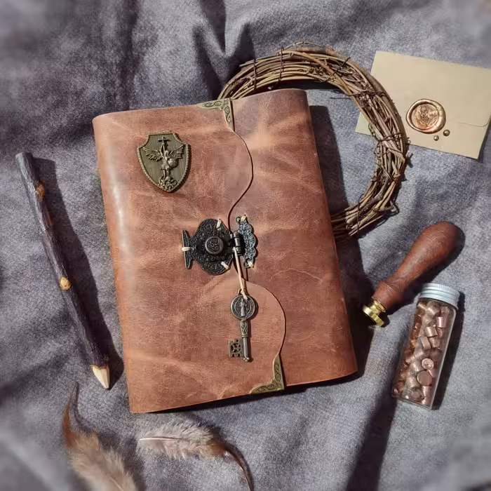 کلاسور چفتی با چرم گاوی افکتی کریزی رنگ فندقی، 21 در 16 سانت ، به همراه جیب و جای کارت و صد برگ کاغذ خطدار نخودی رنگ ، دو ورقه چرمی برای زیر و روی کاغذ ها