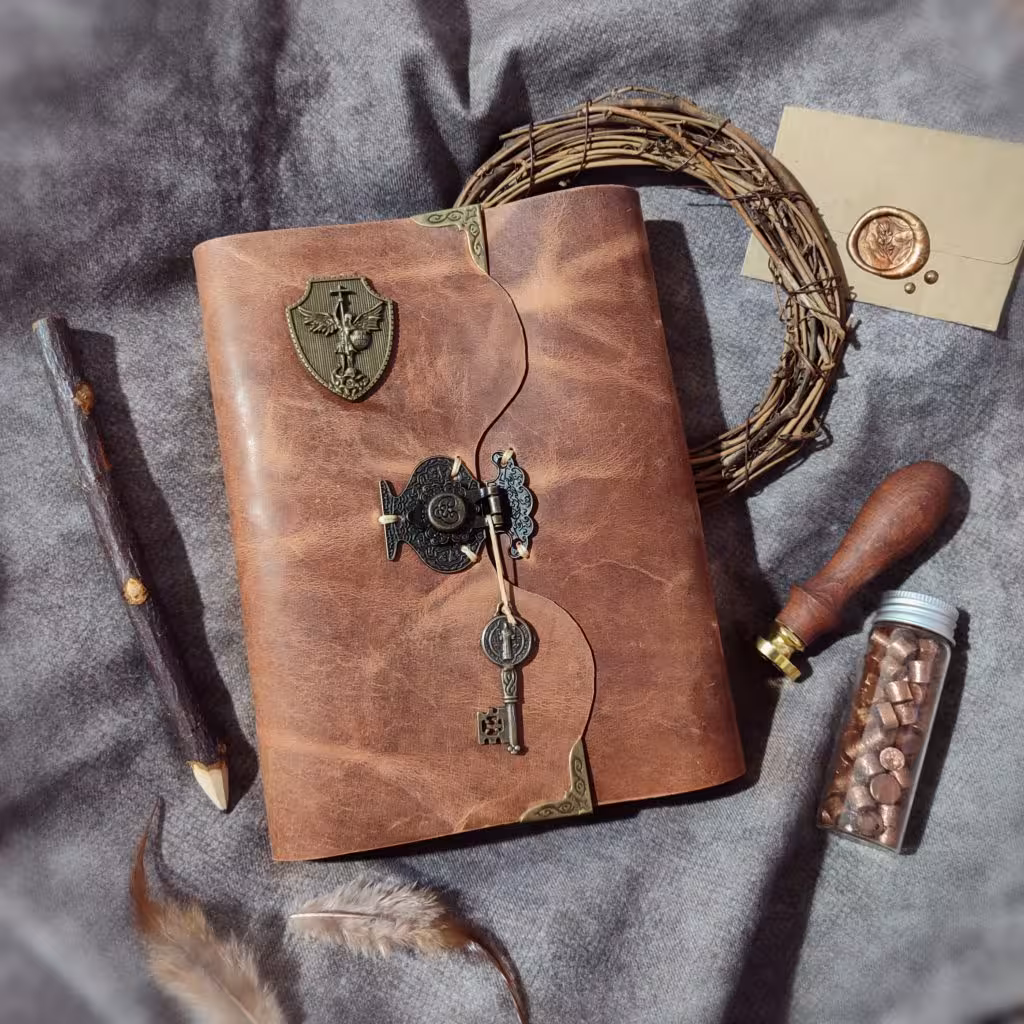 کلاسور چفتی با چرم گاوی افکتی کریزی رنگ فندقی، 21 در 16 سانت ، به همراه جیب و جای کارت و صد برگ کاغذ خطدار نخودی رنگ ، دو ورقه چرمی برای زیر و روی کاغذ ها