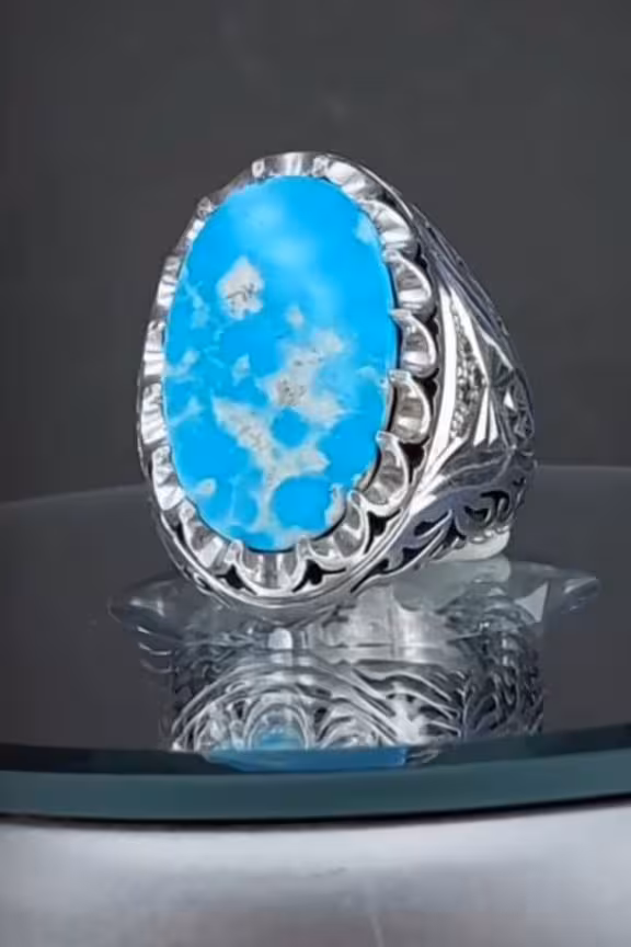 انگشتر فیروزه نیشابوری مخراج 6 قطعه الماس طبیعی کد 11597