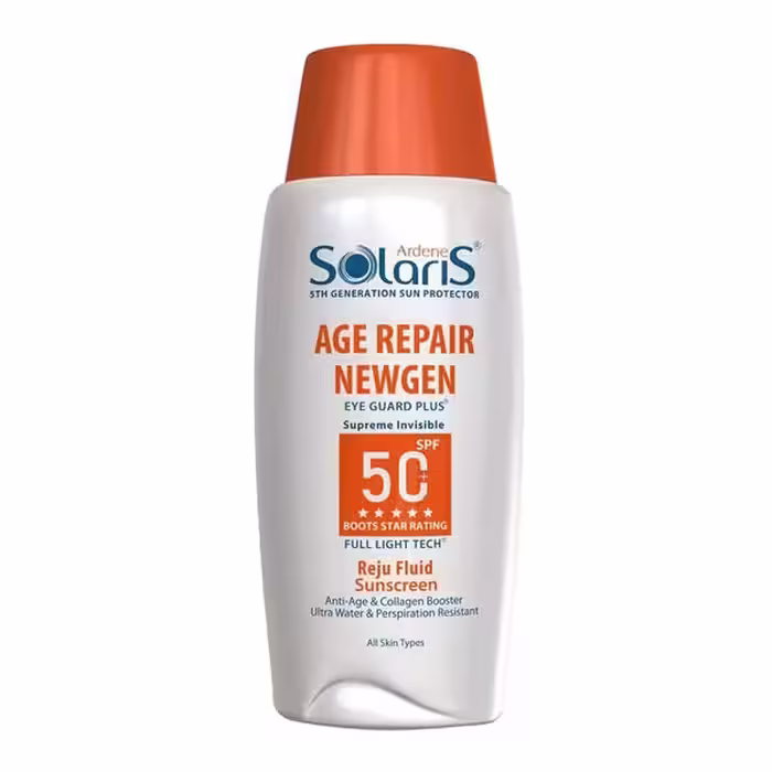 ضدآفتاب فلوئیدی بی رنگ سولاریس Solaris مدل ایج ژن SPF50 میل 100