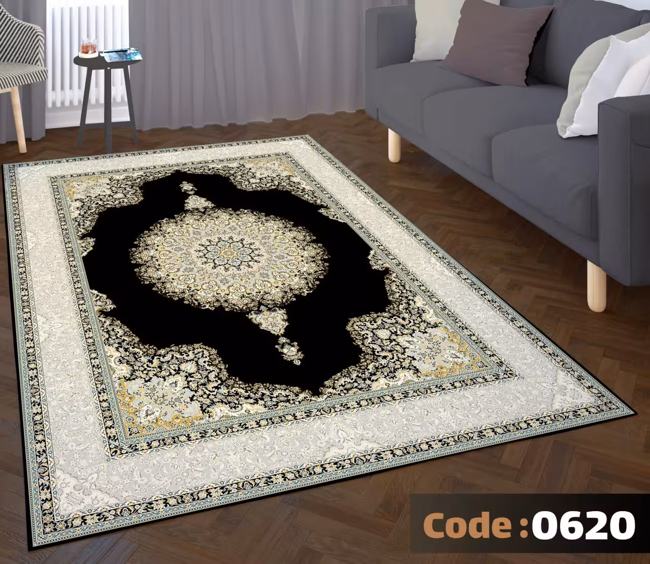کاورفرش روفرشی دورکشدار گوشه لیفه ای لاکی ، آبی و متنوع کد 0620