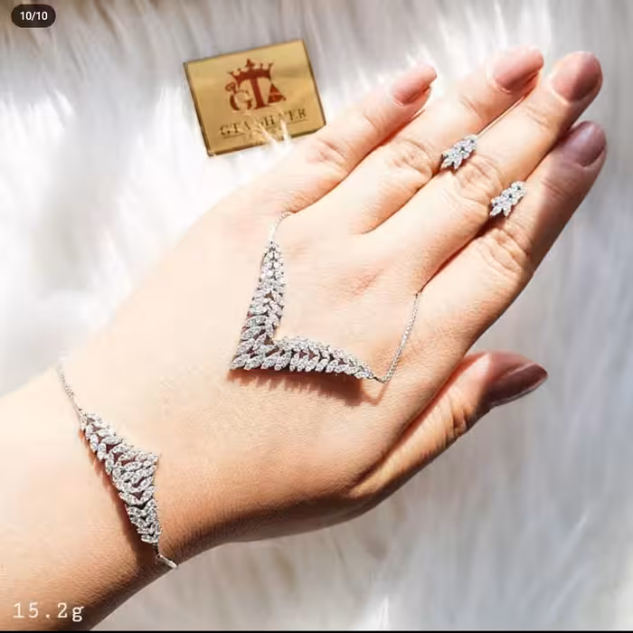 سرویس نقره925 زنجیری طرح جواهر روکش طلاسفید