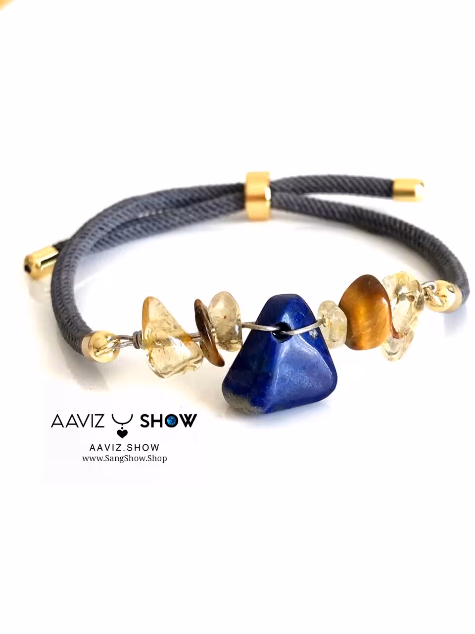 دستبند سنگ لاجورد با مهره های سیترین و چشم ببر D021
