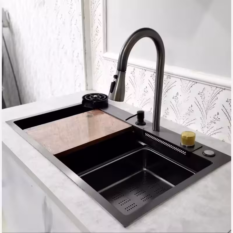 سینک ظرفشویی آبشاری برند اصلی هایشنگ زنبوری مشکی با شیر