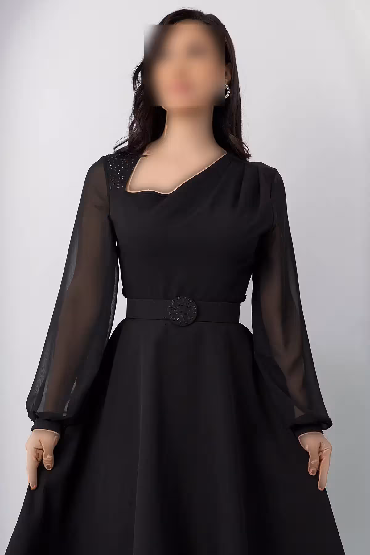 پیراهن شفاف با یقه کرواتی و آستین‌های زنگوله‌ای با کمربند و سنگ‌دوزی DKS1157 - 11301