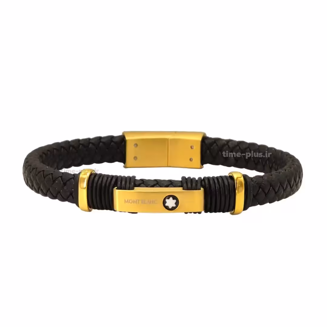 دستبند چرمی مون بلان با پلاک طلایی