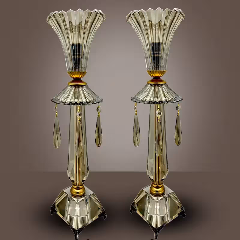 شمعدان کریستالی دودی‌ طلایی فلوتی بلند