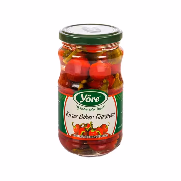 ترشی فلفل یوره مدل گیلاسی طعم تندخفیف  وزن 670 گرم ناخالص