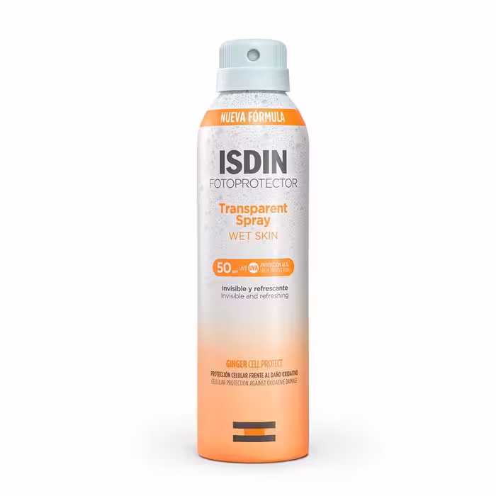 اسپری بدن ضد آفتاب ایزدین Isdin مدل transparent Wet Skin حجم 250 میل SPF 50