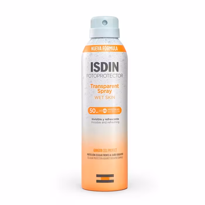 اسپری بدن ضد آفتاب ایزدین Isdin مدل transparent Wet Skin حجم 250 میل SPF 50