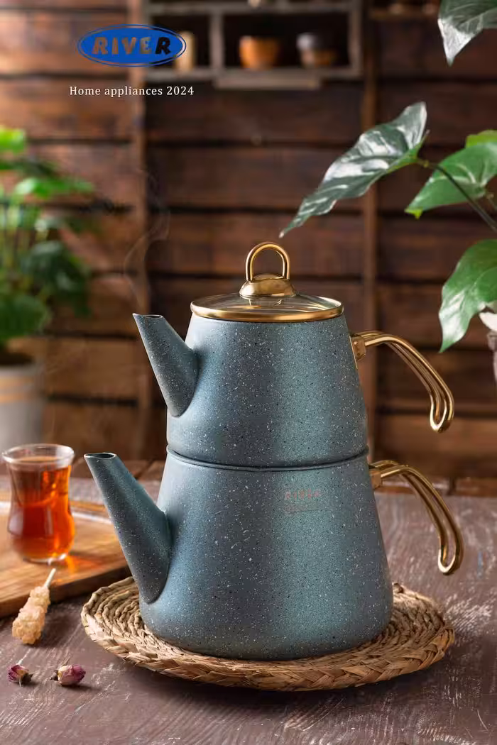 کتری قوری ترک دسته طلایی سبز ریور RIVER کد 5880