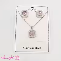 نیم ست زنانه جواهری با کریستال مربعی صورتی کد 228
