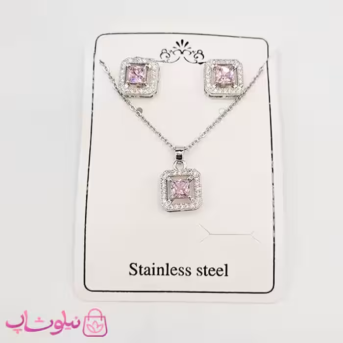 نیم ست زنانه جواهری با کریستال مربعی صورتی کد 228