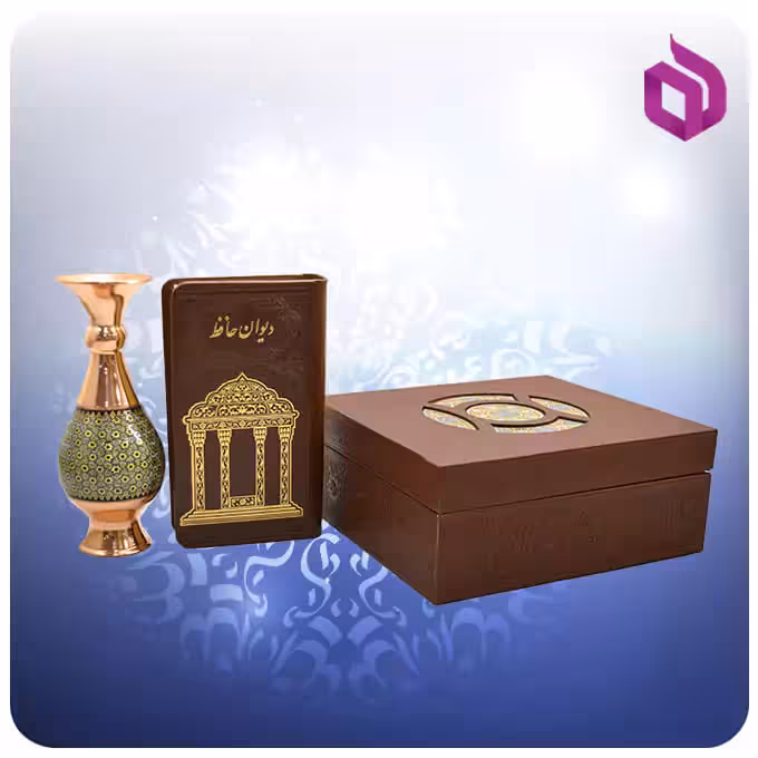 ست کتاب دیوان حافظ جلد چرم پالتویی به همراه گلدان خاتم کاری 16 سانتی
