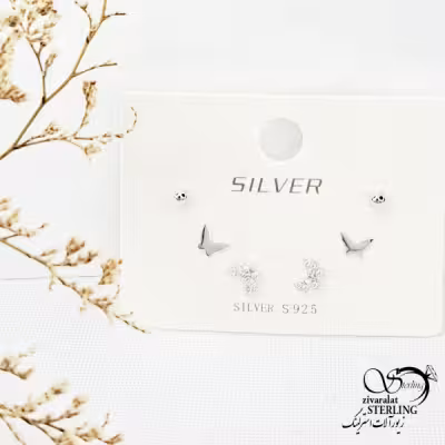 پک گوشواره نقره 3عددی طرح پروانه کد 13691