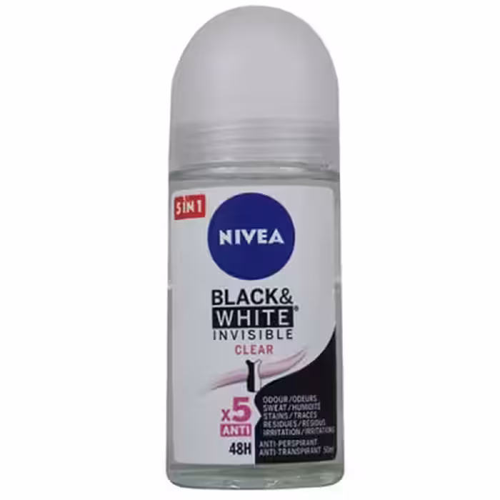 مام رول دئودرانت نیوا ضد تعریق زنانه سیاه سفید Invisible Clear حجم 50 میل ا Nivea Black And White Clear Roll-On Invisible Clear for Women 50ml