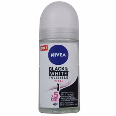 مام رول دئودرانت نیوا ضد تعریق زنانه سیاه سفید Invisible Clear حجم 50 میل ا Nivea Black And White Clear Roll-On Invisible Clear for Women 50ml