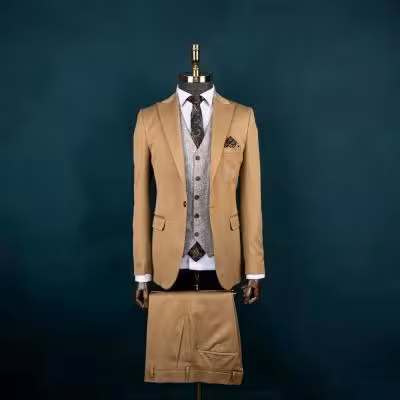 کت و شلوار و جلیقه دبل فیس مردانه کرم سرژه ترک با ارسال رایگان