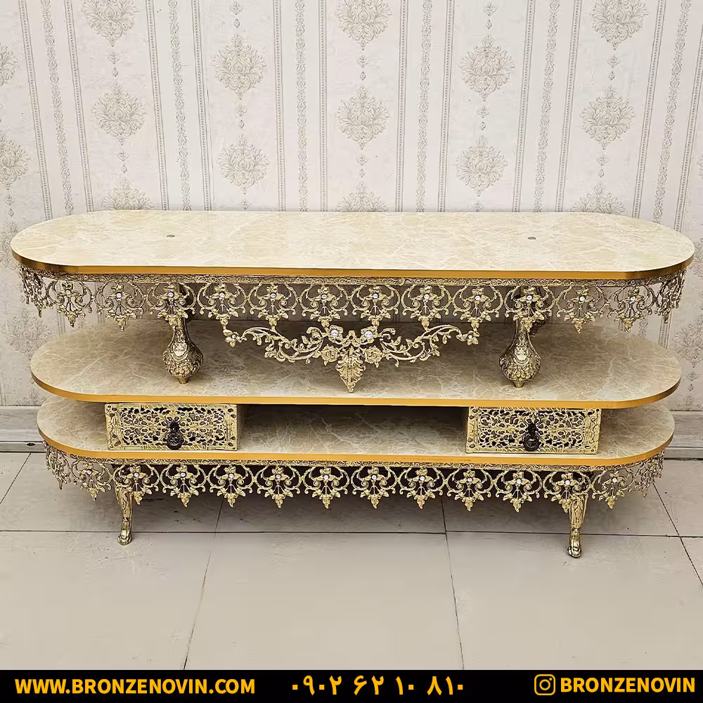 میز تلویزیون برنز مدل گل اسلیمی بزرگ طول 140 کد 9926