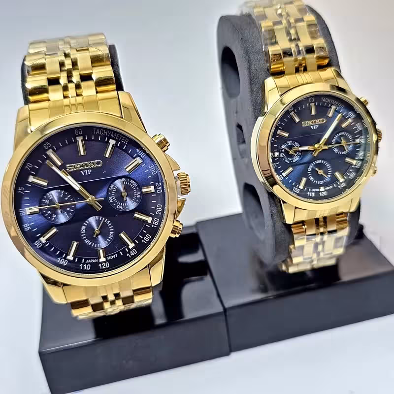 ست ساعت زنانه و مردانه سیکو فول تایم – موتور ژاپن طلایی صفحه آبی کهربایی