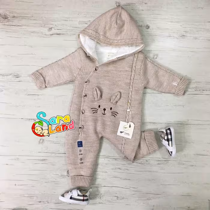 بافت سرهمی داخل خز طرح خرگوش نسکافه ای