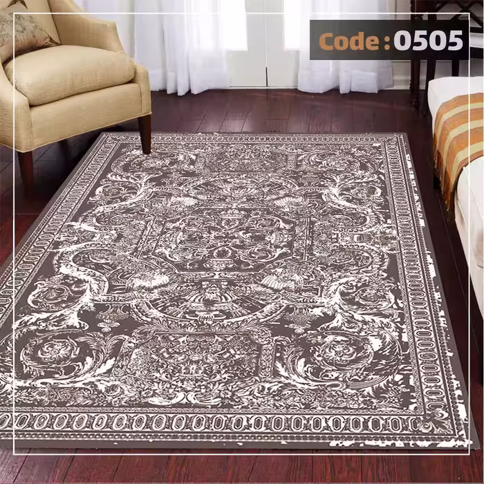 کاورفرش روفرشی دورکشدار گوشه لیفه ای کرم  قهوه ای کد 0505
