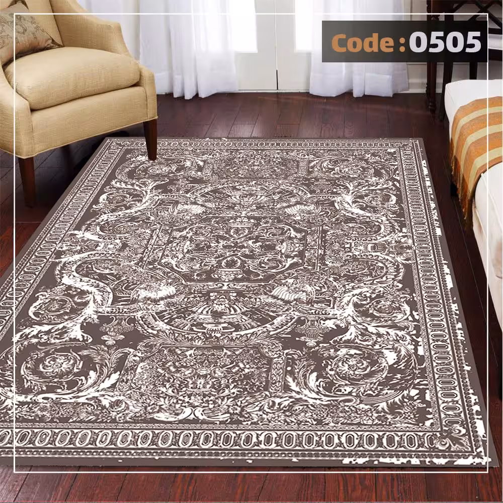 کاورفرش روفرشی دورکشدار گوشه لیفه ای کرم  قهوه ای کد 0505