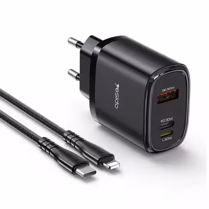 شارژر دیواری فست شارژ Yesido YC52 3Port 3A 30W   کابل آیفونی - 69370644