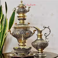 سرویس سماور برنجی 6 لیتری اعیانی، ذغالی، با پوشش محافظ رنگ