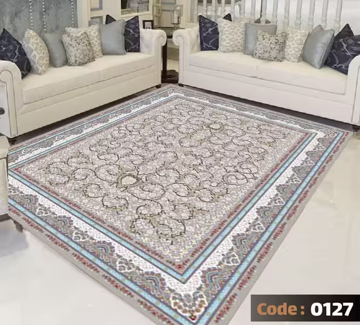 کاورفرش روفرشی دورکشدار گوشه لیفه ای طوسی کرم کد 0127