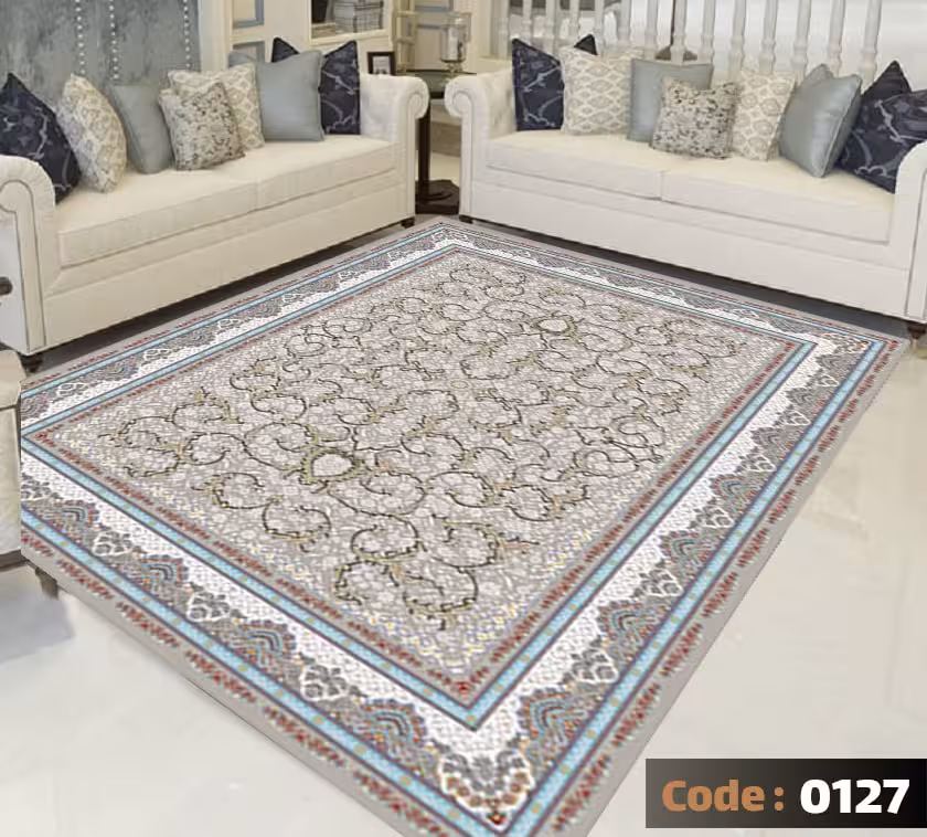 کاورفرش روفرشی دورکشدار گوشه لیفه ای طوسی کرم کد 0127