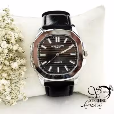 ساعت چرم مشکی برند پتک فیلیپ ناتیلوس صفحه مشکی کد 19365