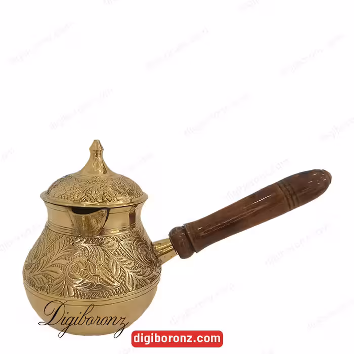 قهوه جوش برنجی برنزی مدل دسته چوبی دردار طرح گل سایز 500 سی سی