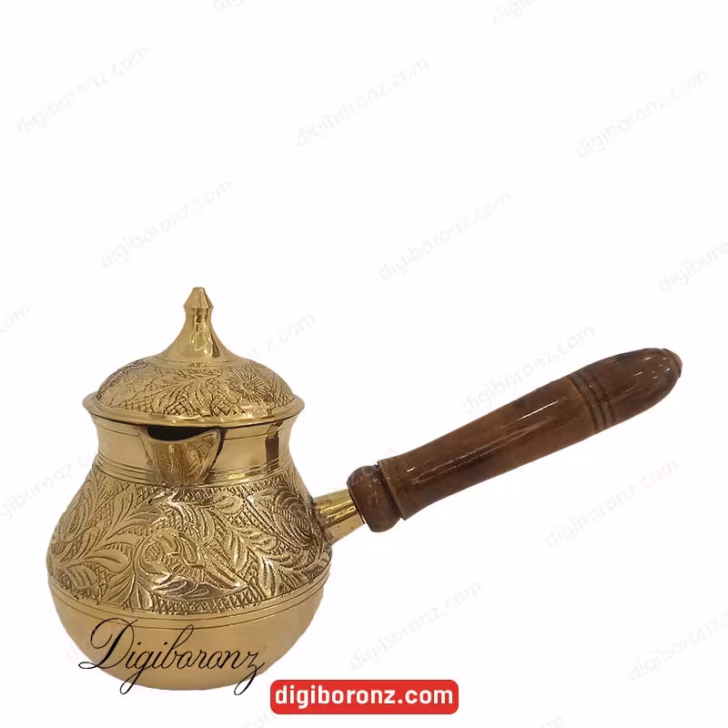 قهوه جوش برنجی برنزی مدل دسته چوبی دردار طرح گل سایز 500 سی سی