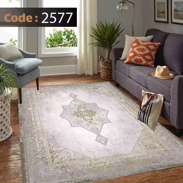 کاورفرش روفرشی دورکشدار گوشه لیفه ای طوسی کرم کد 2577