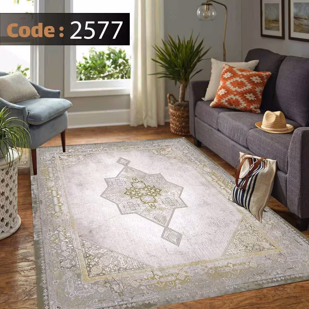 کاورفرش روفرشی دورکشدار گوشه لیفه ای طوسی کرم کد 2577