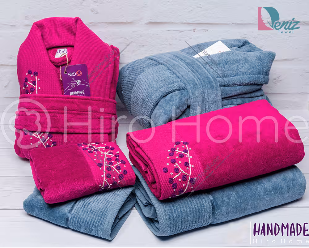 حوله ست دو نفره HANDMADE شکوفه رنگ سرخابی تیره و نوک مدادی