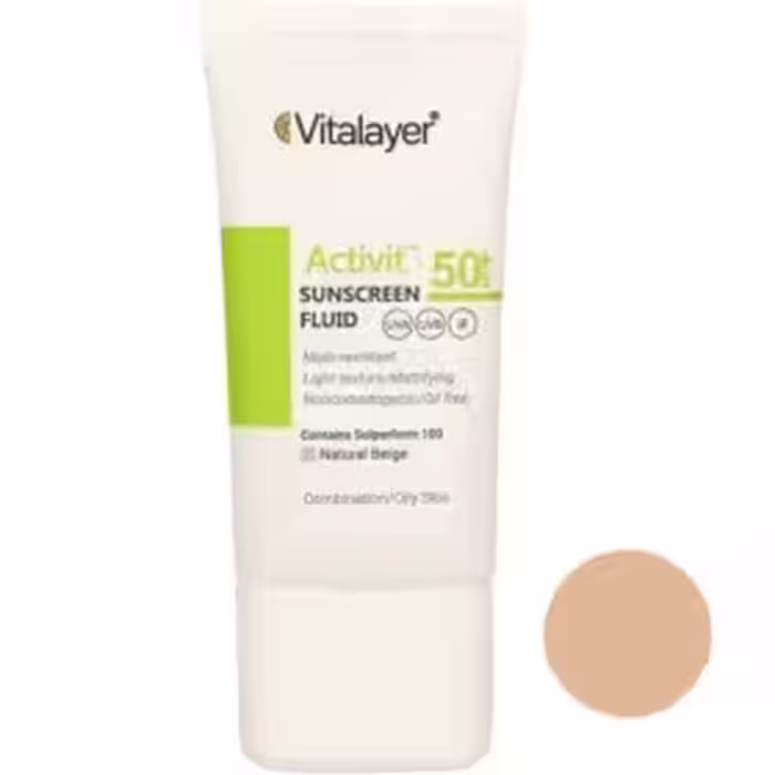 فلوئید ضد آفتاب رنگی بژ طبیعی ویتالیر مناسب برای پوست چرب با SPF50