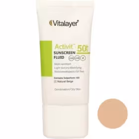 فلوئید ضد آفتاب رنگی بژ طبیعی ویتالیر مناسب برای پوست چرب با SPF50