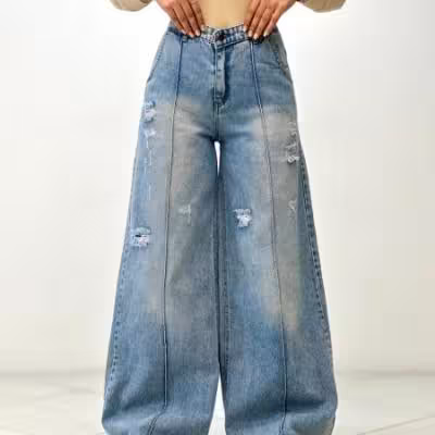 شلوار فول بگ وسط دوخت آبی روشن زاپ دار